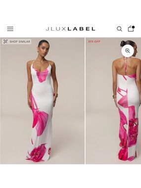 JLUXLABEL White Maxi Dress with Pink Floral Print — Backless Halter